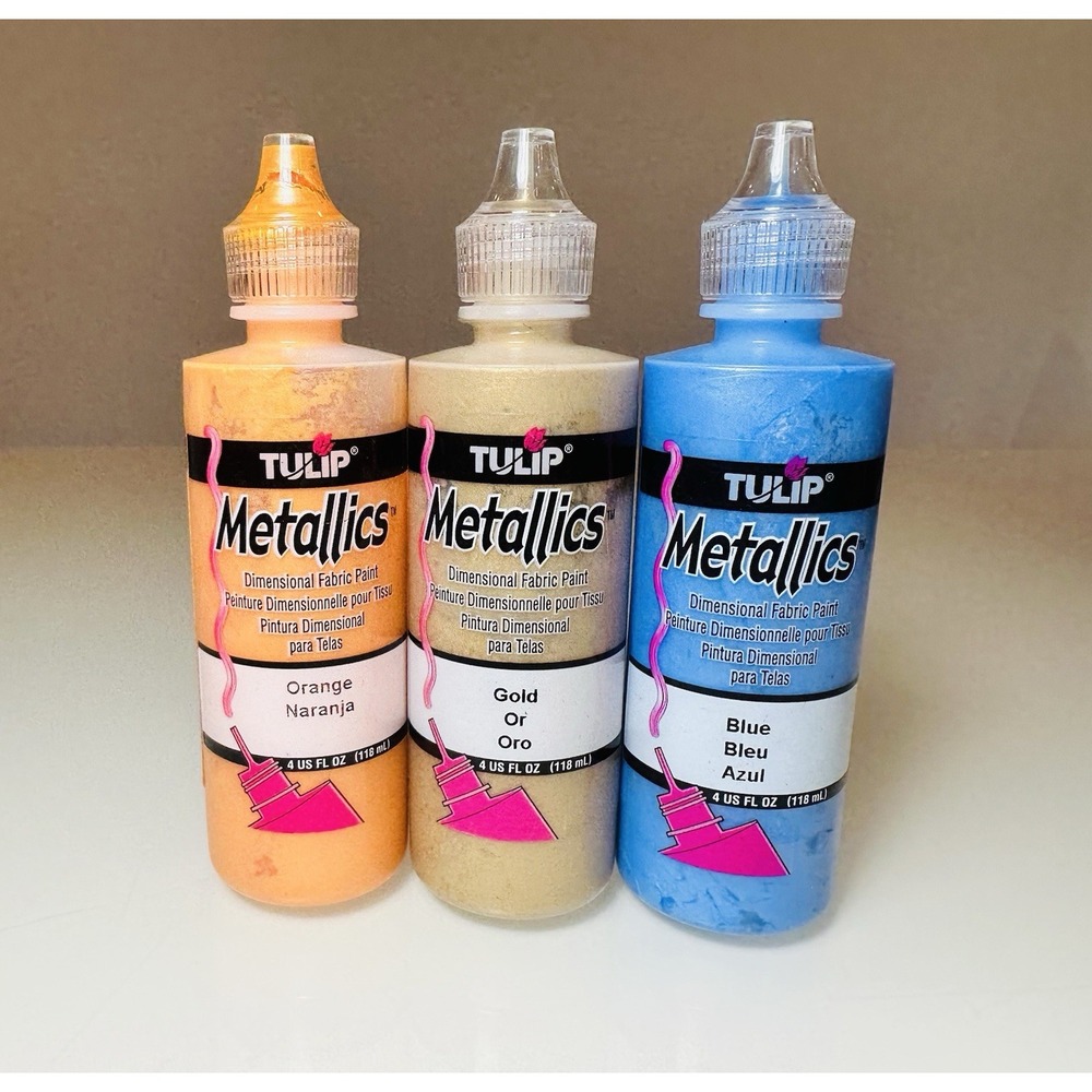 TULIP Metallics Dimensional Fabric Paint Lot 3 Bottles Gold Orange Blue 4oz